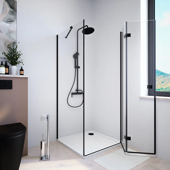 Box doccia 80x70 cm con apertura a libro lato destro e parete fissa, profili nero opaco e vetro 8mm trasparente h195 | Fiji