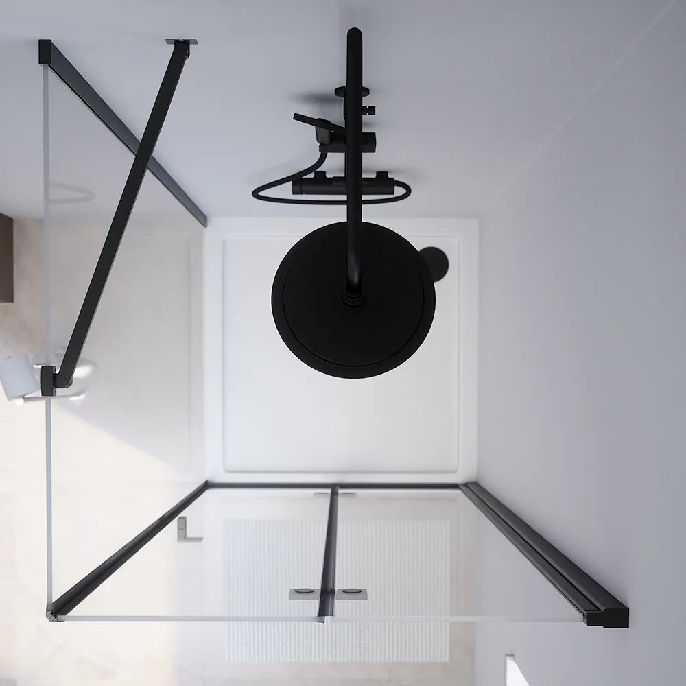 Box doccia 80x70 cm con apertura a libro lato destro e parete fissa, profili nero opaco e vetro 8mm trasparente h195 | Fiji