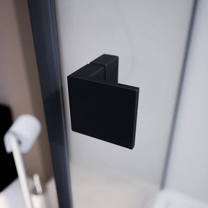 Box doccia 80x90 cm con apertura a libro lato destro e parete fissa, profili nero opaco e vetro 8mm trasparente h195 | Fiji