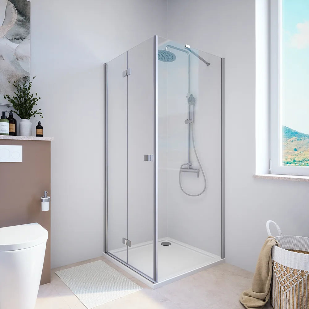 Box doccia 70x70 cm con apertura a libro lato sinistro e parete fissa, profili cromati e vetro 8mm trasparente h195 | Fiji