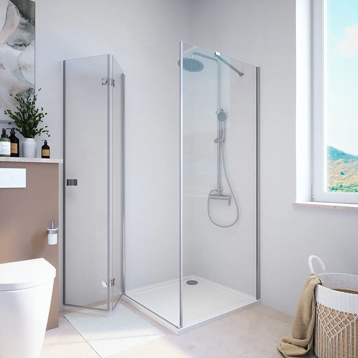 Box doccia 70x70 cm con apertura a libro lato sinistro e parete fissa, profili cromati e vetro 8mm trasparente h195 | Fiji
