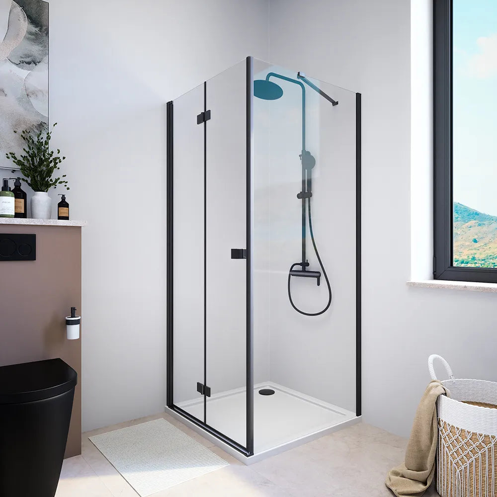 Box doccia 90x70 cm con apertura a libro lato sinistro e parete fissa, profili nero opaco e vetro 8mm trasparente h195 | Fiji 