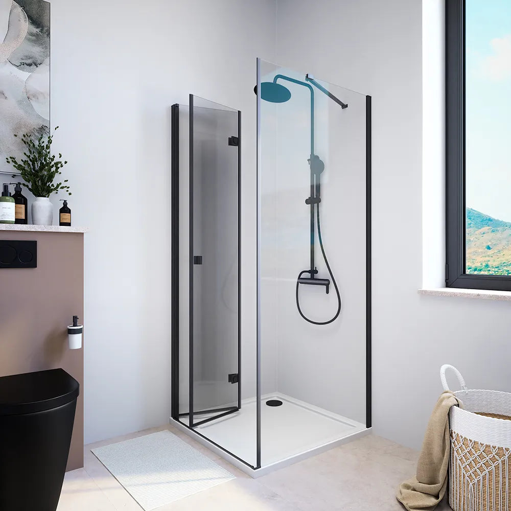 Box doccia 90x70 cm con apertura a libro lato sinistro e parete fissa, profili nero opaco e vetro 8mm trasparente h195 | Fiji 