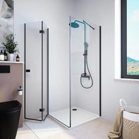 Box doccia 80x70 cm con apertura a libro lato sinistro e parete fissa, profili nero opaco e vetro 8mm trasparente h195 | Fiji