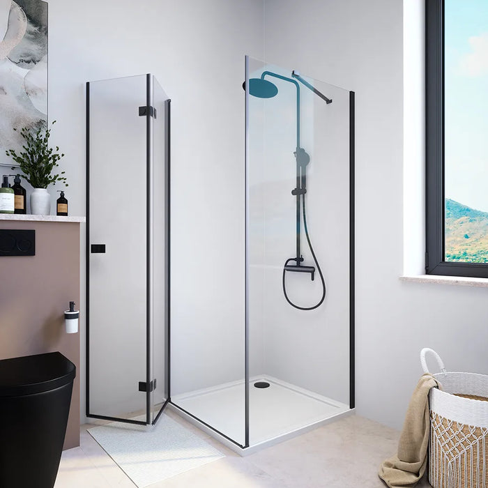 Box doccia 80x70 cm con apertura a libro lato sinistro e parete fissa, profili nero opaco e vetro 8mm trasparente h195 | Fiji