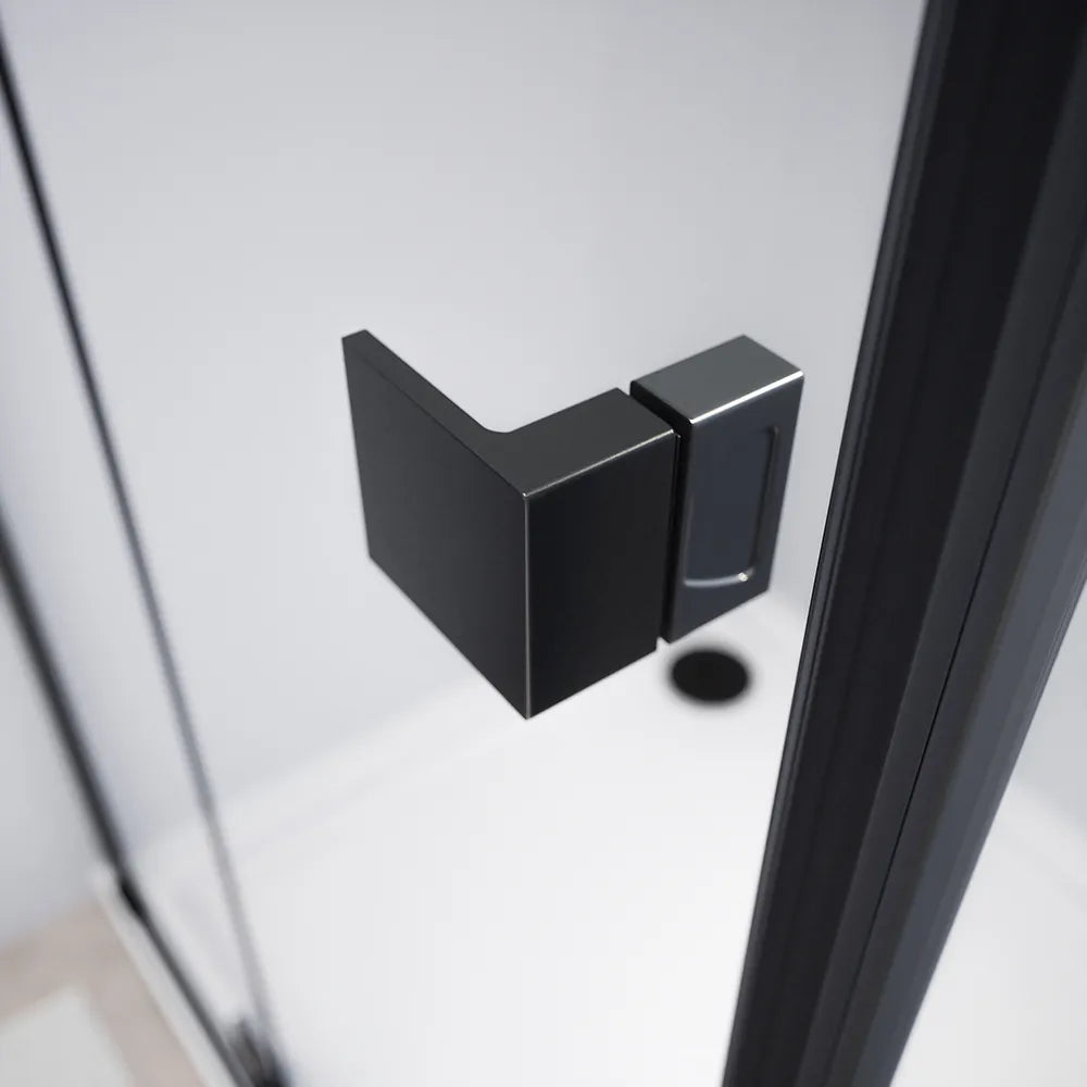 Box doccia 80x70 cm con apertura a libro lato sinistro e parete fissa, profili nero opaco e vetro 8mm trasparente h195 | Fiji