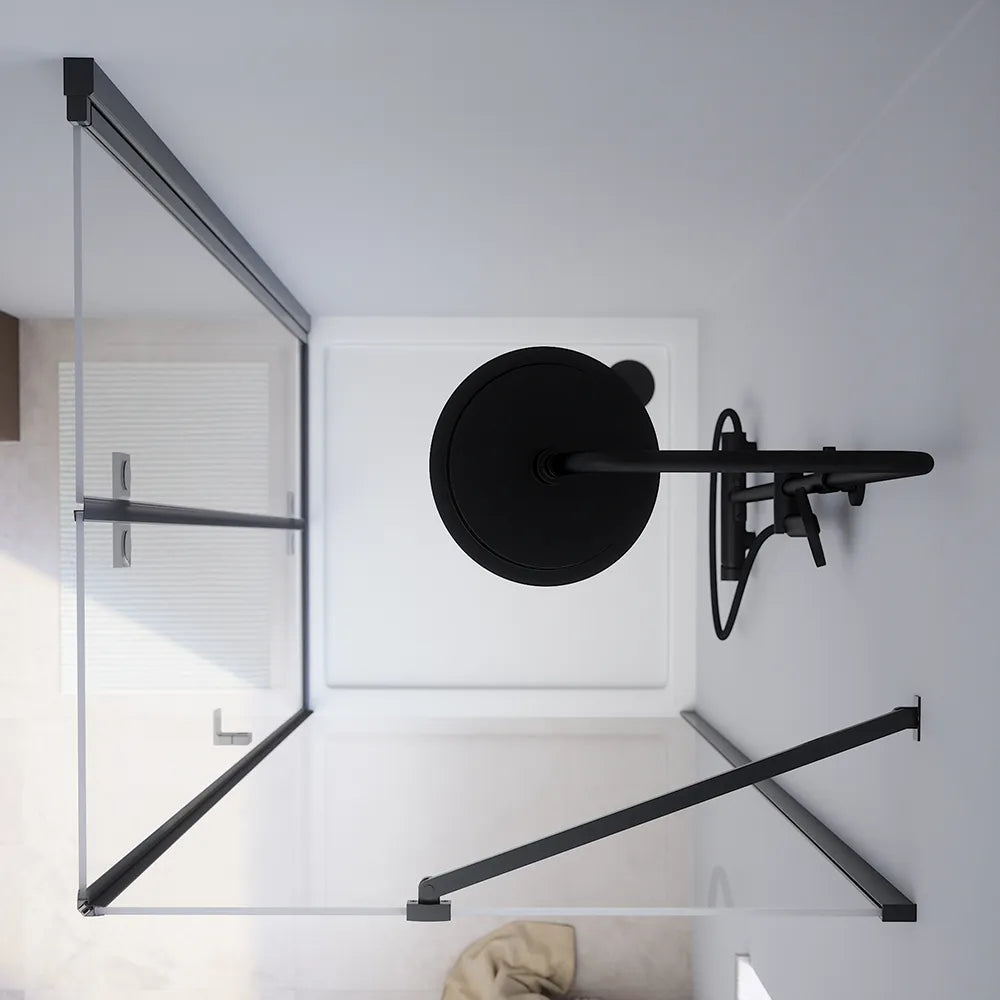 Box doccia 80x70 cm con apertura a libro lato sinistro e parete fissa, profili nero opaco e vetro 8mm trasparente h195 | Fiji