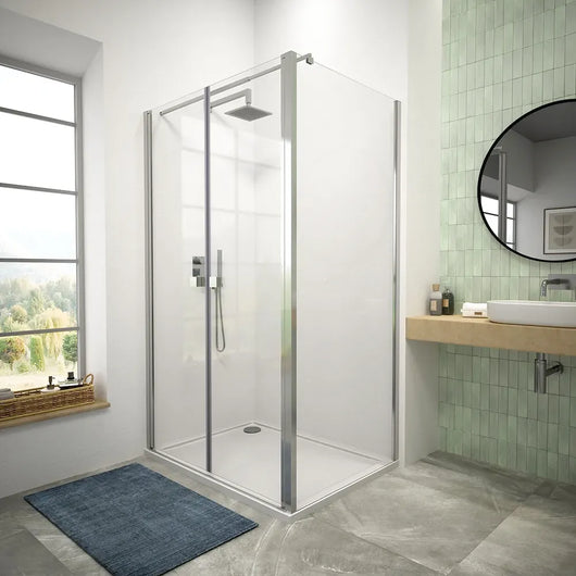Box doccia 90x80 cm cm porta saloon e parete fissa profili cromati e vetro da 8mm trasparente h195 | Fiji