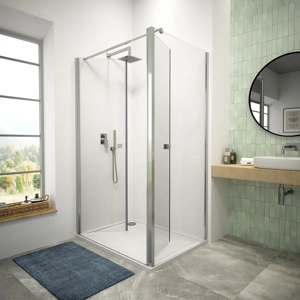 Box doccia 90x80 cm cm porta saloon e parete fissa profili cromati e vetro da 8mm trasparente h195 | Fiji