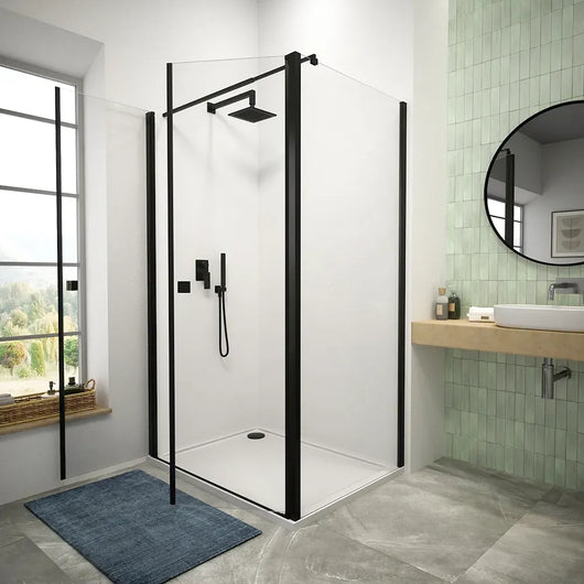 Box doccia 80x90 cm porta saloon e parete fissa profili nero opaco e vetro da 8mm trasparente h195 | Fiji