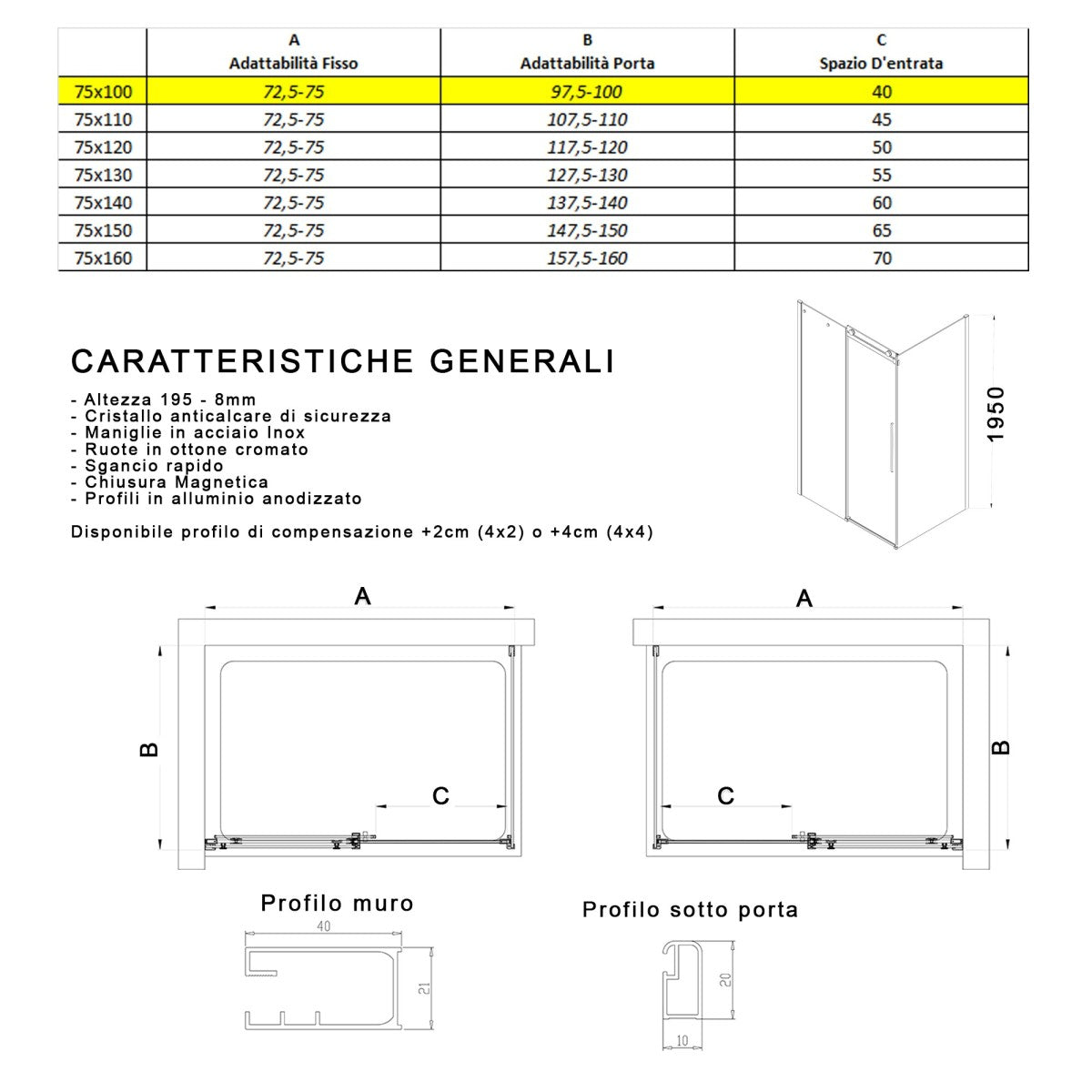 Box doccia due lati trasparente anticalcare porta scorrevole h195 8mm euclide, misura 75x100