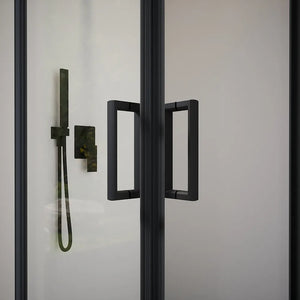 Box doccia 80x80 cm angolare scorrevole profili nero opaco vetro 6mm trasparente h185 | Tonga