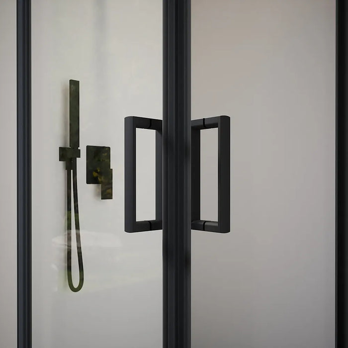 Box doccia 75x75 cm angolare scorrevole profili nero opaco vetro 6mm trasparente h185 | Tonga