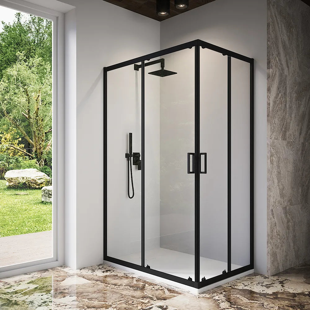 Box doccia 80x90 cm angolare scorrevole profili nero opaco vetro 6mm trasparente h185 | Tonga