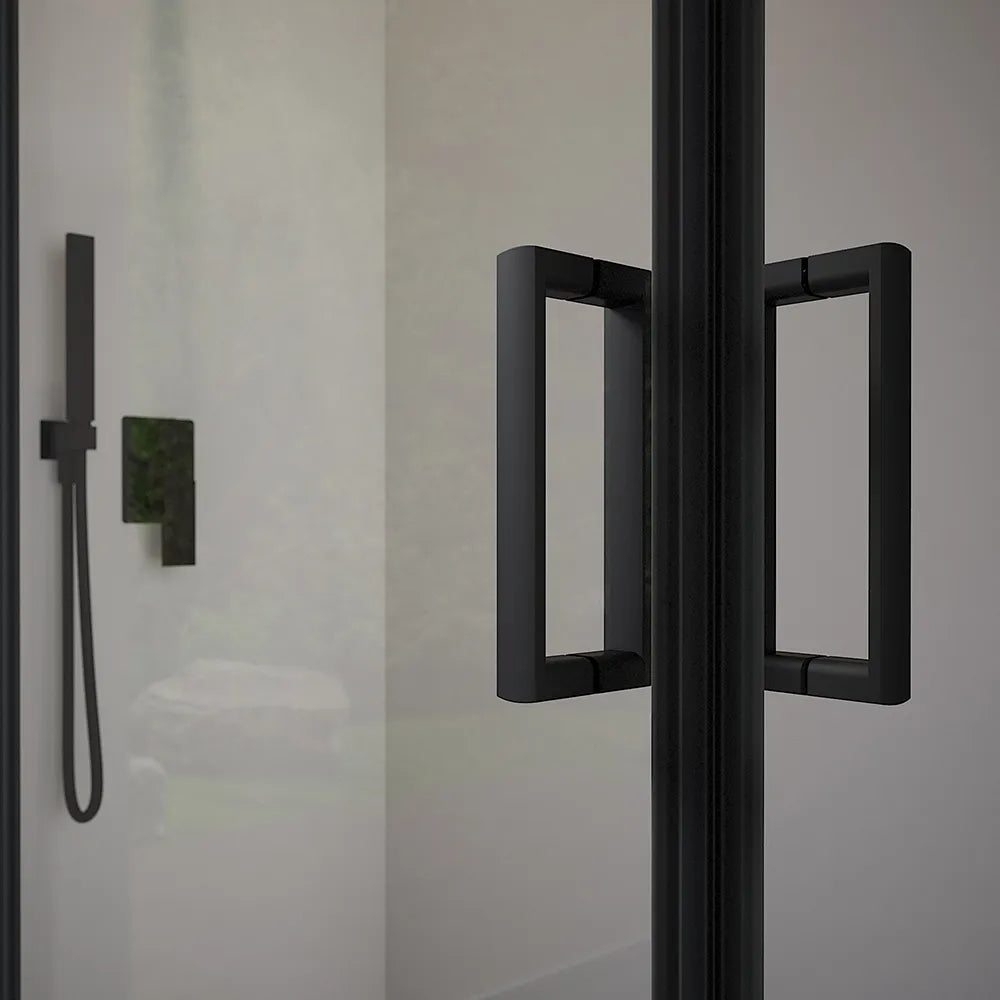 Box doccia 80x90 cm angolare scorrevole profili nero opaco vetro 6mm trasparente h185 | Tonga