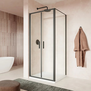 Box doccia slim 80x70cm con porta saloon e parete fissa profili nero opaco e vetro 6mm trasparente h190| Portofino