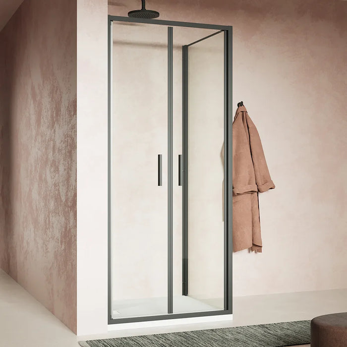 Box doccia slim 75x90cm con porta saloon e parete fissa profili nero opaco e vetro 6mm trasparente h190| Portofino