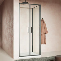 Box doccia slim 80x70cm con porta saloon e parete fissa profili nero opaco e vetro 6mm trasparente h190| Portofino