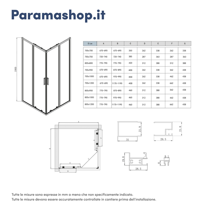 Box doccia angolare 70x90cm con profili nero opaco slim vetro 6mm trasparente h190 | Portofino