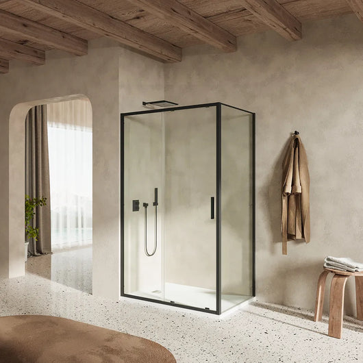 Box doccia slim 80x130cm con porta scorrevole e parete fissa profili nero opaco e vetro 6mm trasparente h190| Portofino