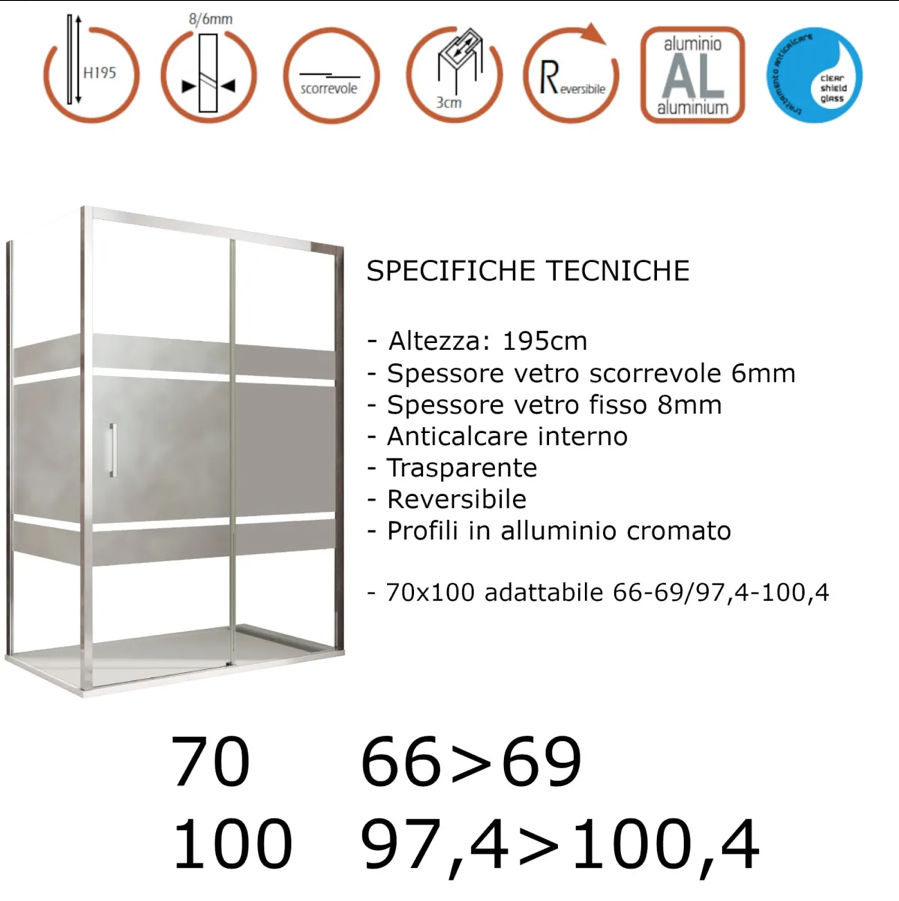 Box doccia angolare scorrevole serigrafato con lato fisso H195cm 8mm EASY Regos-70x100
