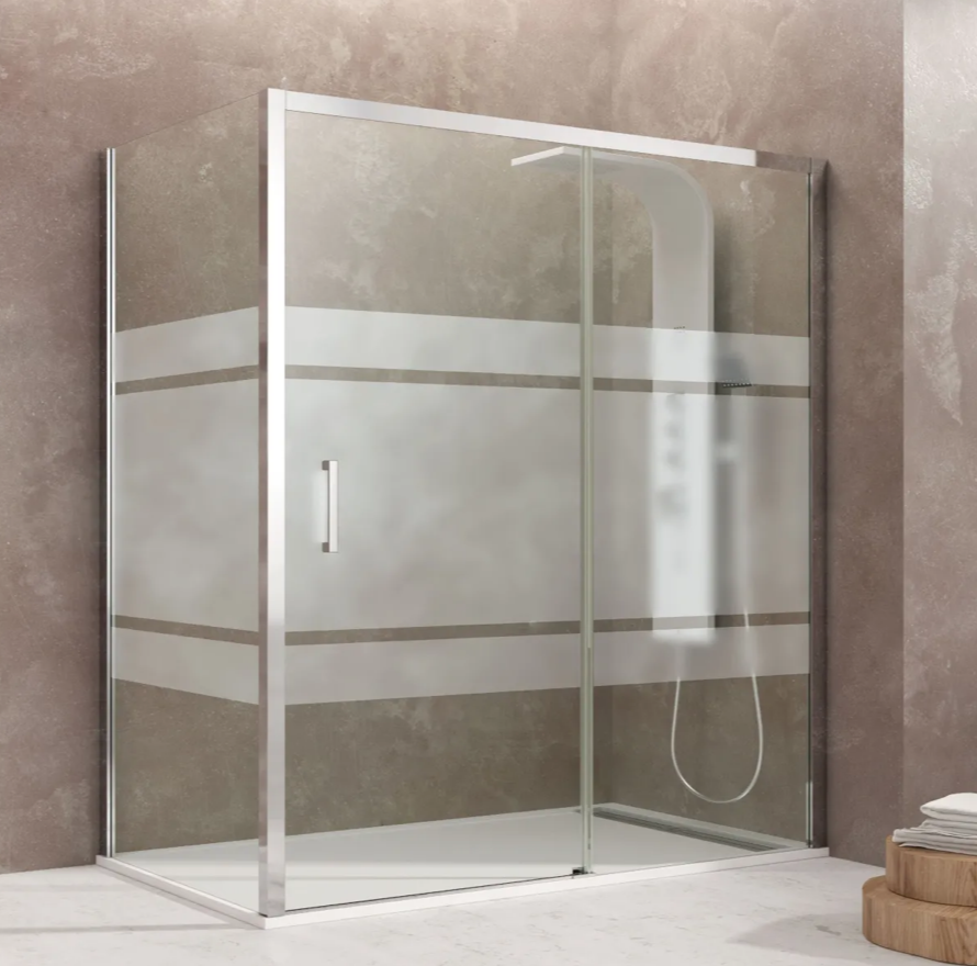 Box doccia angolare scorrevole serigrafato con lato fisso H195cm 8mm EASY Regos-70x100