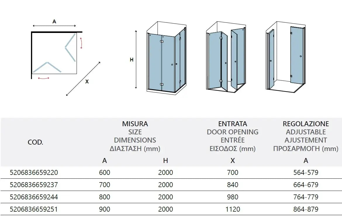 Box Doccia H190 Doppia Anta a Libro Trasparente Profili Neri 6mm Anticalcare - 58x78