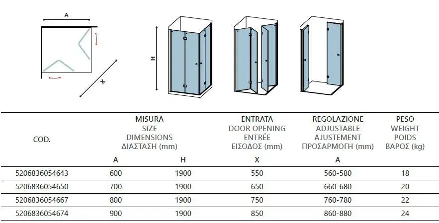 Box Doccia H190 Doppia Anta a Libro Frameless Trasparente 6mm - 58x58