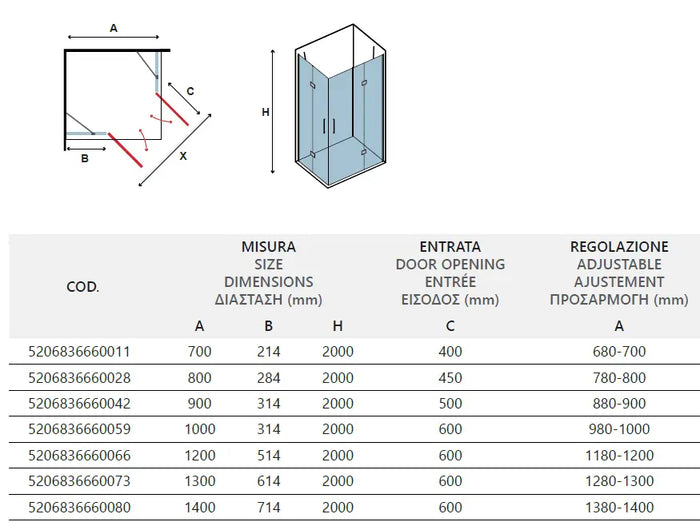 Box Doccia H200 Doppia Anta Battente 8mm Profili Oro - 80x80 - Ingresso 63cm