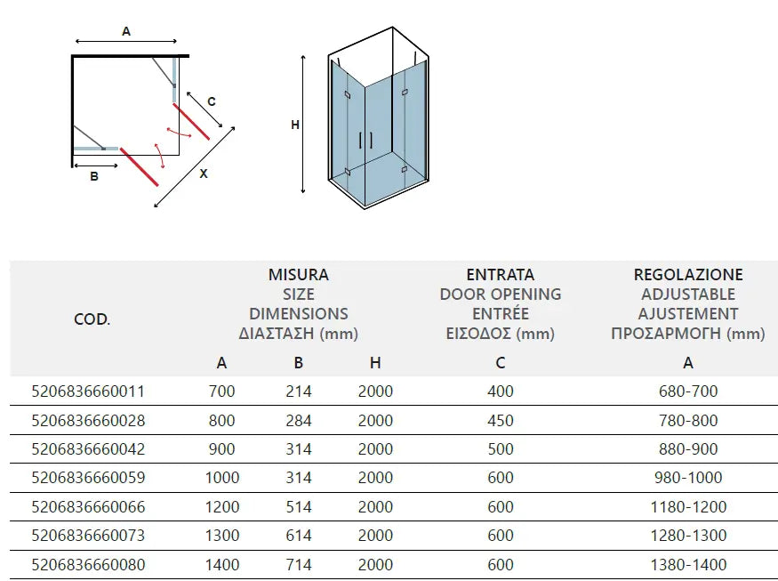 Box Doccia H200 Doppia Anta Battente 8mm Profili Oro - 90x140 - Ingresso 78cm