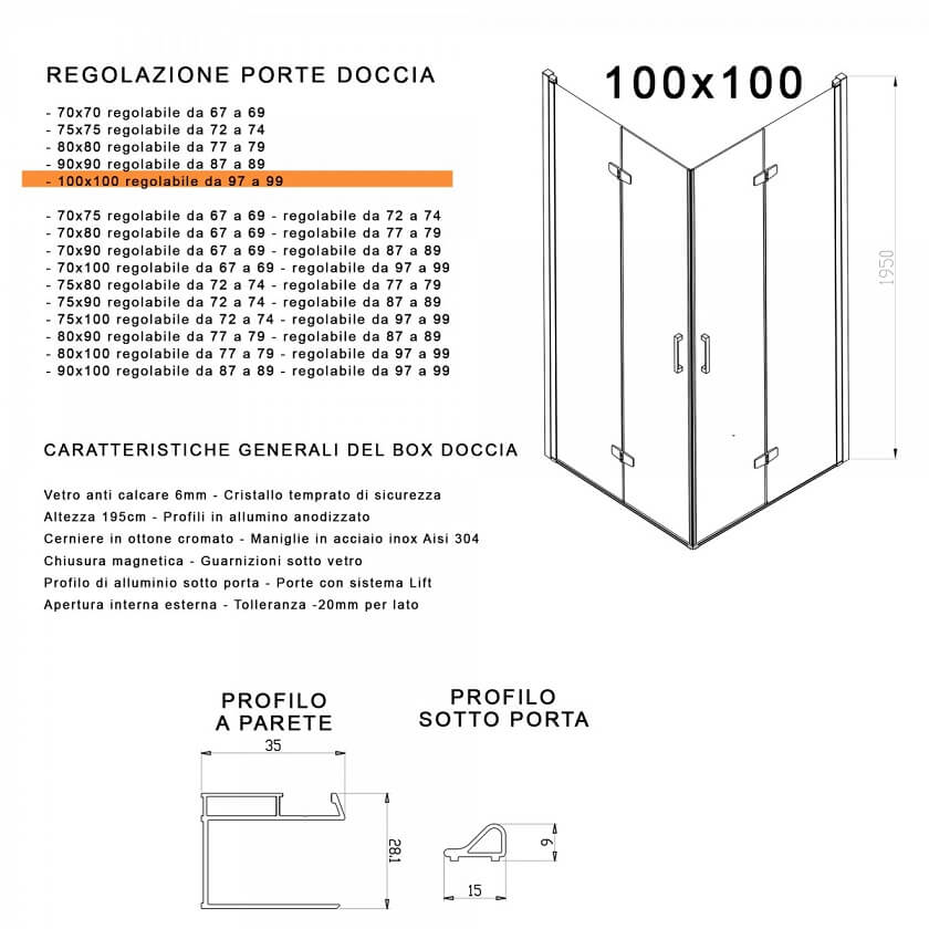 Box Doccia H195cm Doppia Anta a Libro Anticalcare Trasparente 6mm - 69x99