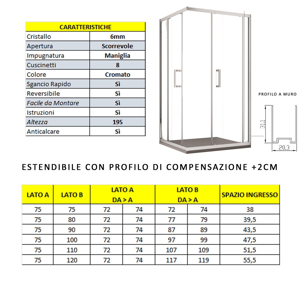 Box doccia due lati apertura scorrevole trasparente h195 6mm anticalcare adry, misura 75x90