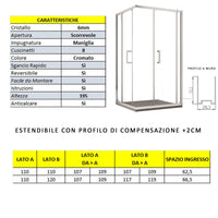Box doccia due lati apertura scorrevole trasparente h195 6mm anticalcare adry, misura 110x110