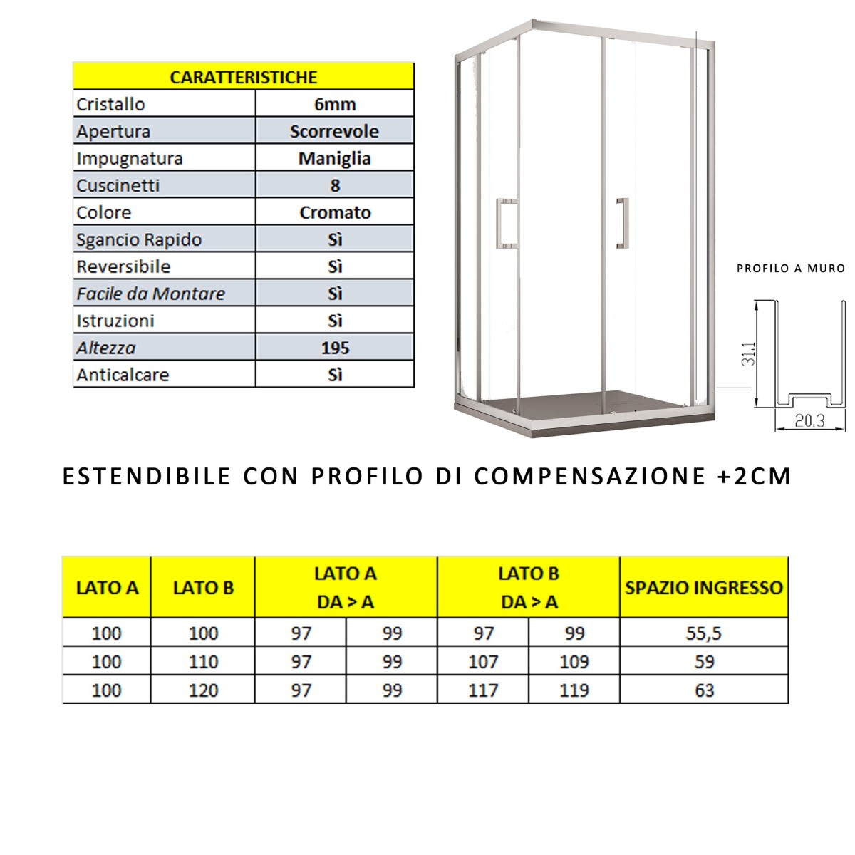 Box doccia due lati apertura scorrevole trasparente h195 6mm anticalcare adry, misura 100x110