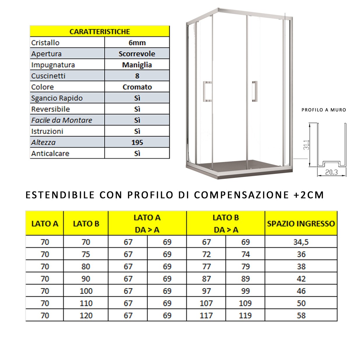 Box doccia due lati apertura scorrevole trasparente h195 6mm anticalcare adry, misura 70x90
