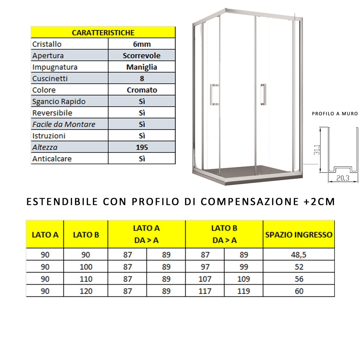 Box doccia due lati apertura scorrevole trasparente h195 6mm anticalcare adry, misura 90x90
