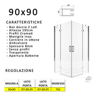 Box doccia due lati battenti 8 mm h195 anticalcare regina, misura 90x90