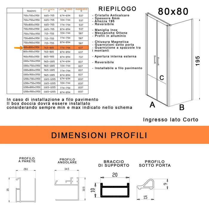 Box doccia due lati con porta saloon h195 6mm anticalcare dobla, misura 80x80