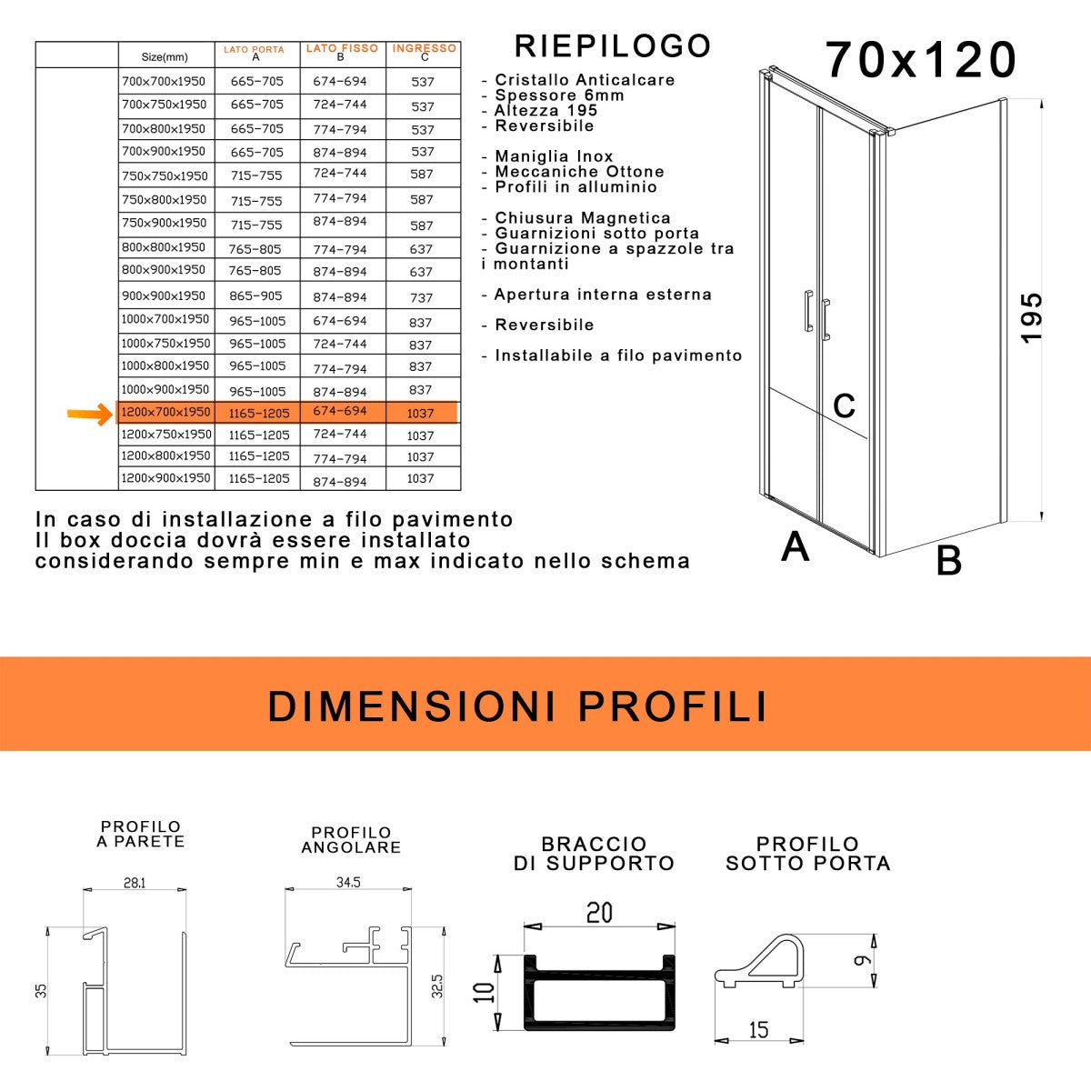 Box doccia due lati con porta saloon h195 6mm anticalcare dobla, misura 70x120