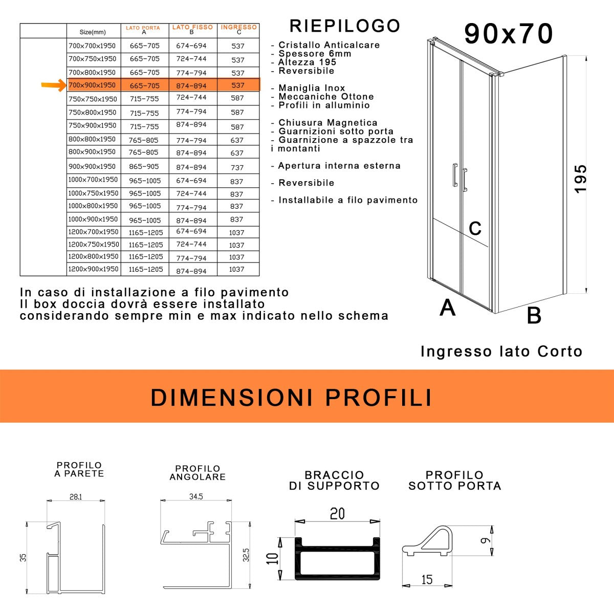 Box doccia due lati con porta saloon h195 6mm anticalcare dobla, misura 90x70