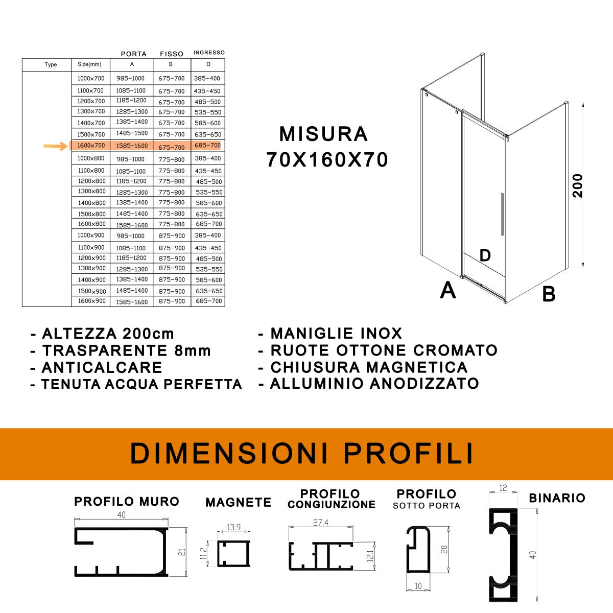 Box doccia tre lati con parete fissa 8mm h200 anticalcare target, misura 70x160x70