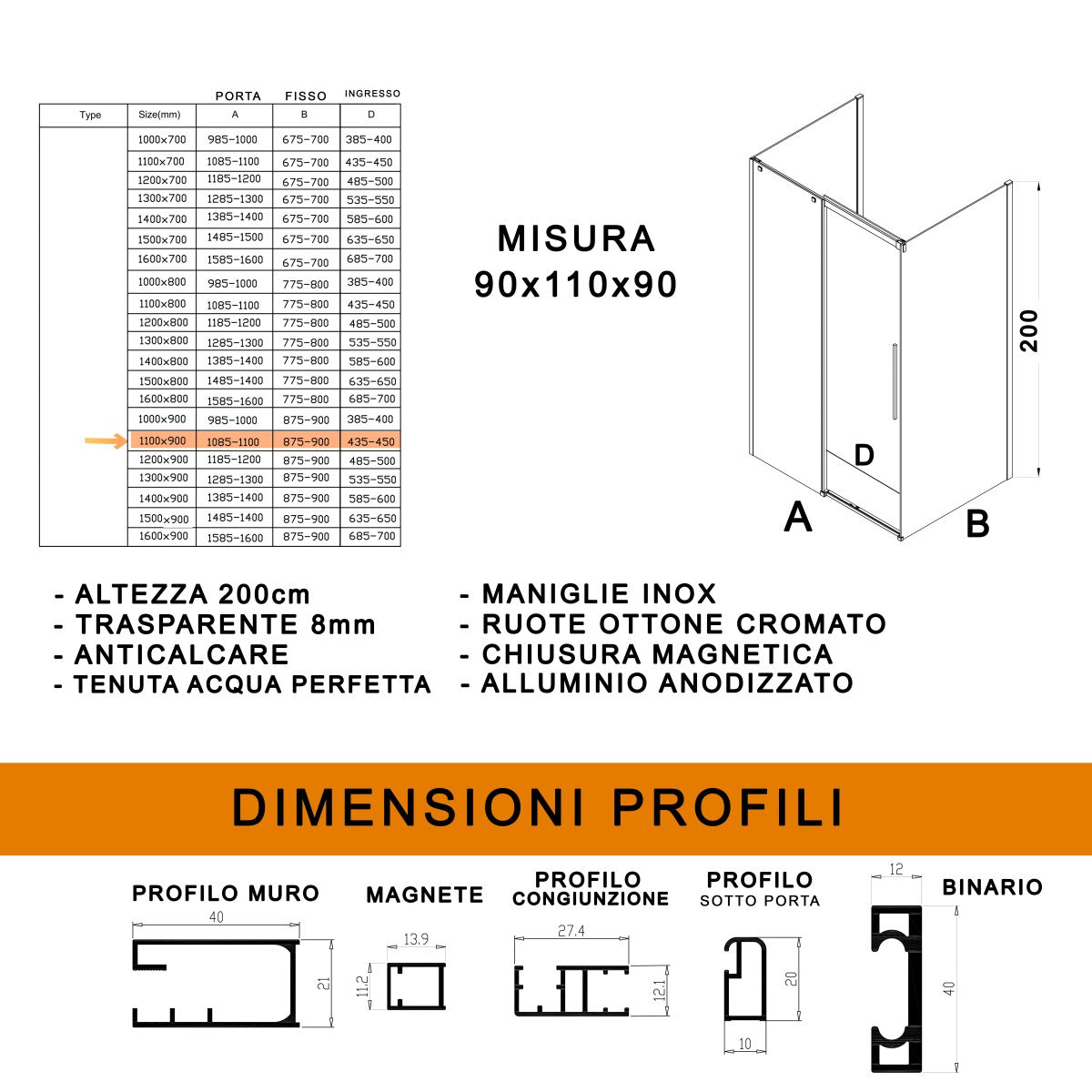 Box doccia tre lati con parete fissa 8mm h200 anticalcare target, misura 90x110x90