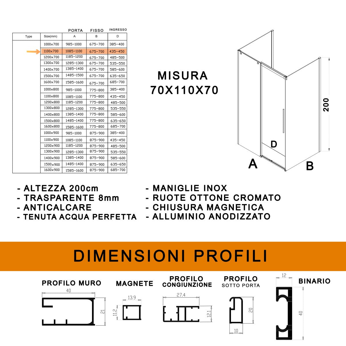 Box doccia tre lati con parete fissa 8mm h200 anticalcare target, misura 70x110x70
