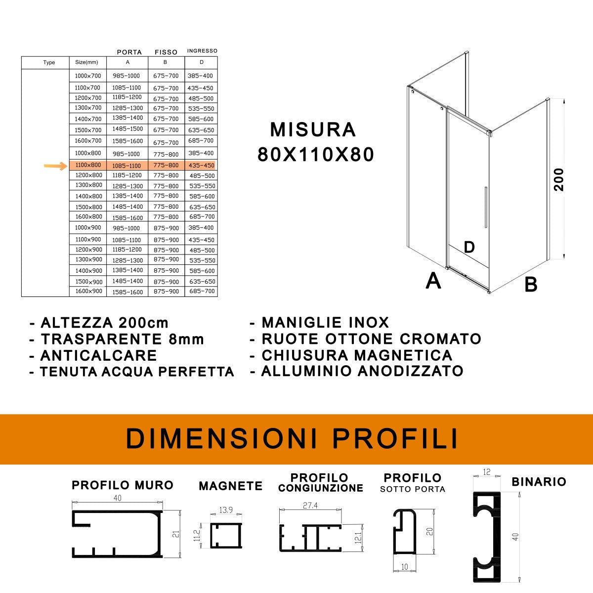 Box doccia tre lati con parete fissa 8mm h200 anticalcare target, misura 80x100x80