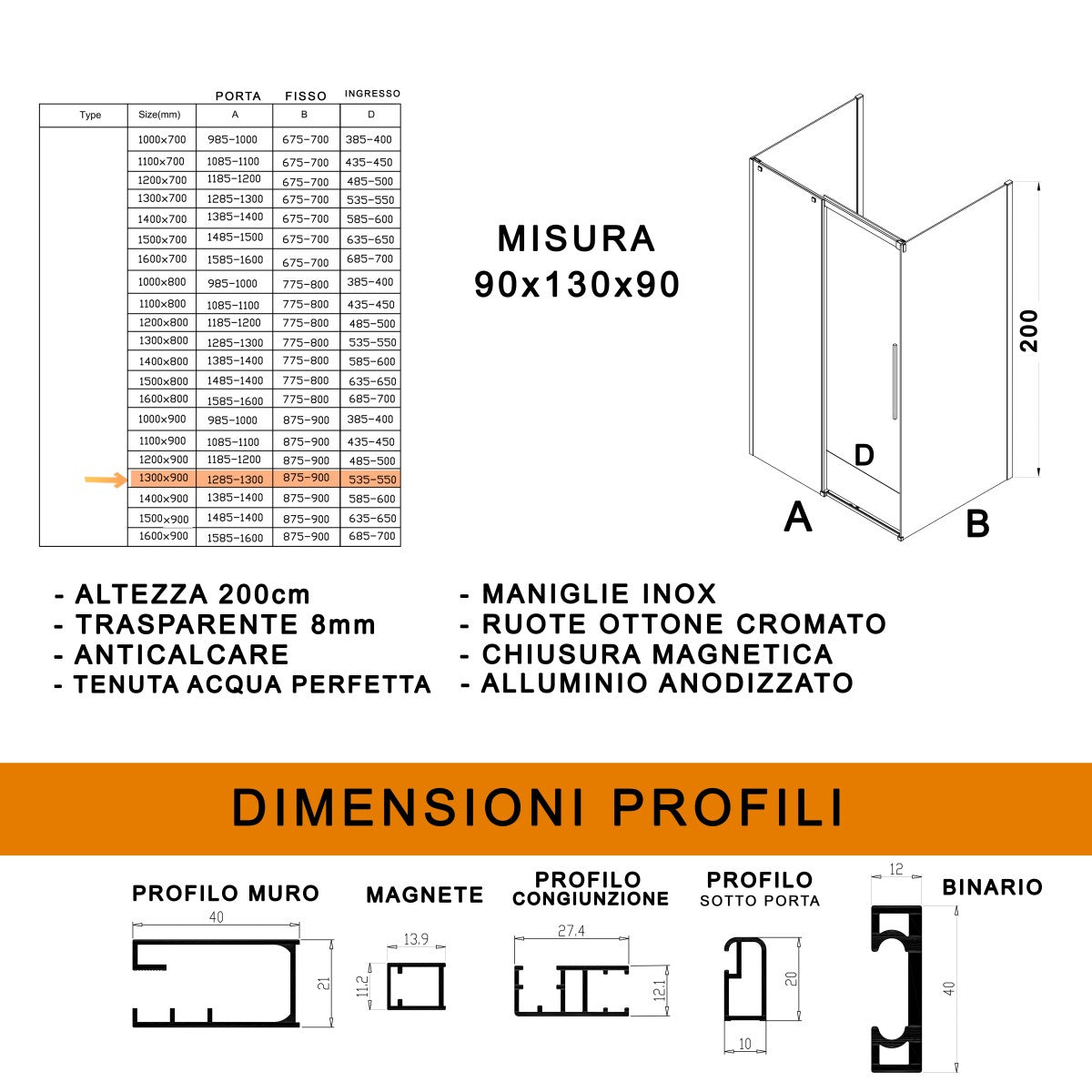 Box doccia tre lati con parete fissa 8mm h200 anticalcare target, misura 90x130x90