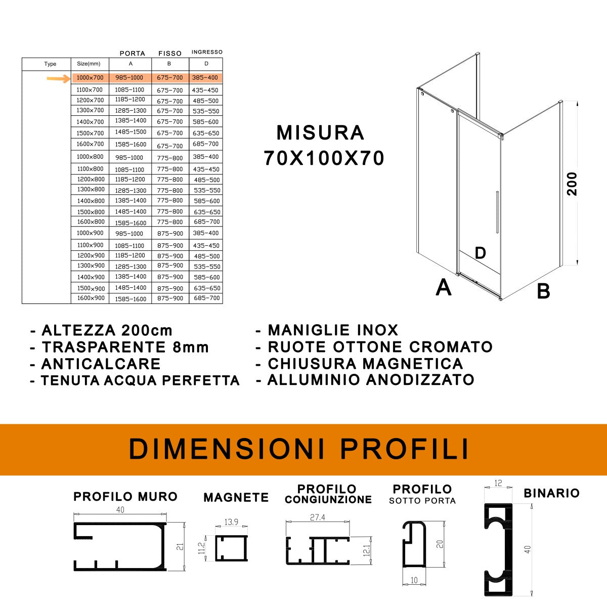 Box doccia tre lati con parete fissa 8mm h200 anticalcare target, misura 70x100x70