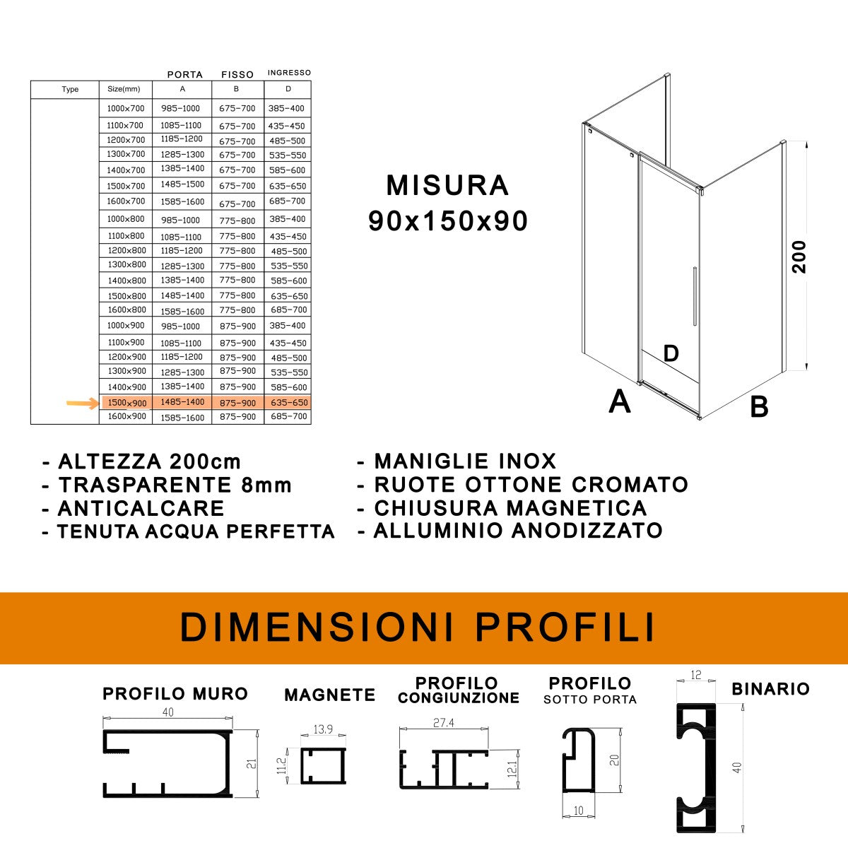 Box doccia tre lati con parete fissa 8mm h200 anticalcare target, misura 90x150x90