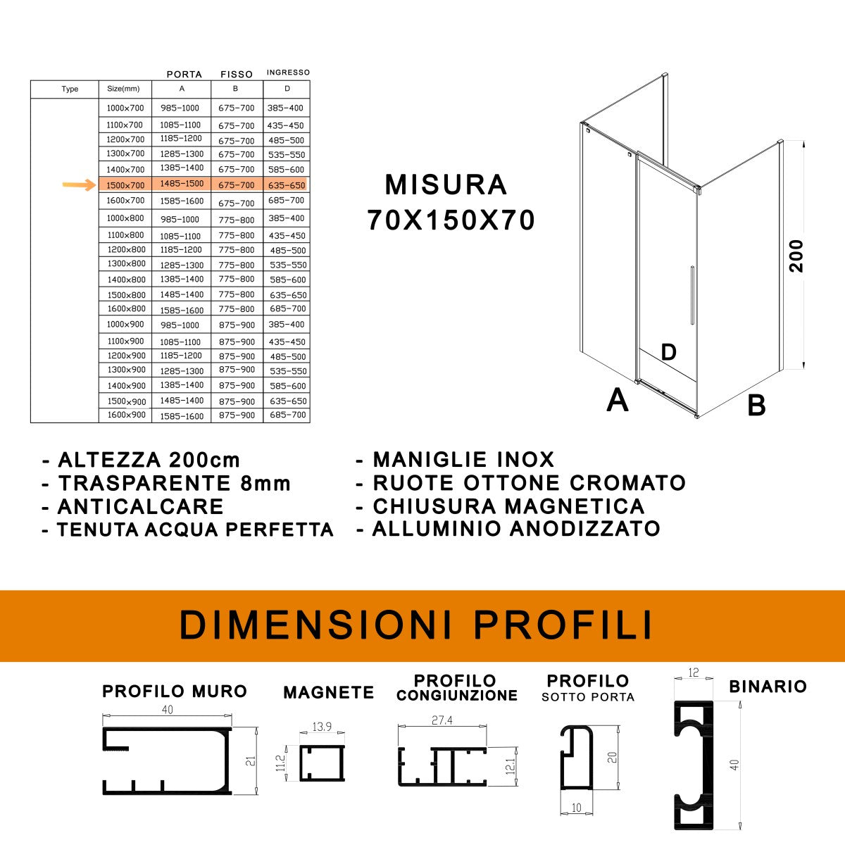 Box doccia tre lati con parete fissa 8mm h200 anticalcare target, misura 70x150x70
