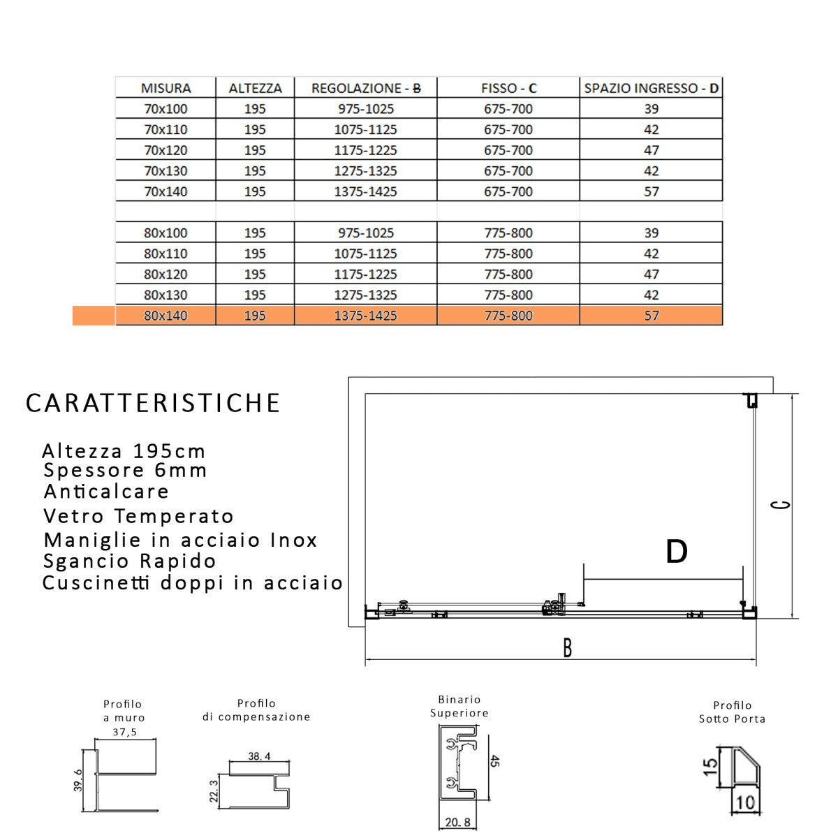 Box doccia due lati con profili neri scorrevole cristallo 6mm h195 lagoa duo, misura 70x120