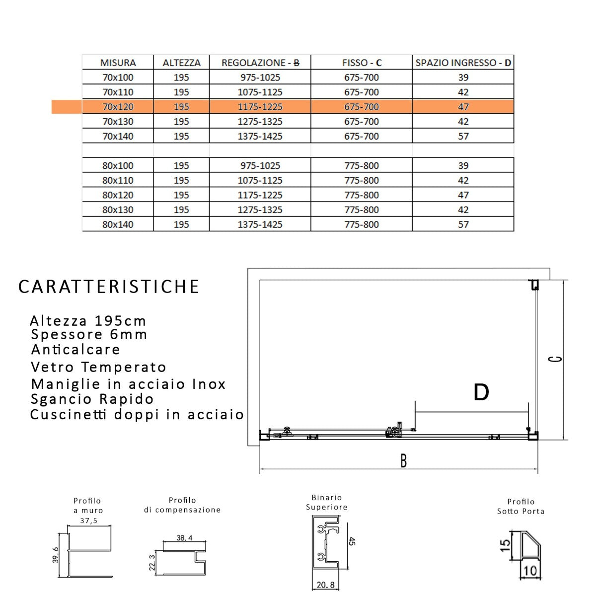 Box doccia due lati con profili neri scorrevole cristallo 6mm h195 lagoa duo, misura 70x120